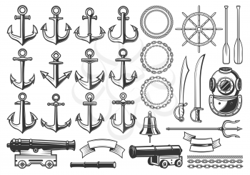 Nautical heraldry constructor icons, ship anchor, helm and chain. Vector isolated nautical heraldic construction symbols of aqualung, frigate cannon and trident, pirate saber swords and captain bell