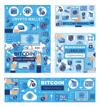 Bitcoin cryptocurrency mining, blockchain technology and cryptocoin money exchange. Vector bit coin payment, digital currency traction market, online bank trade and ICO web finance