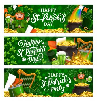 Happy St. Patricks day leaflets with lettering. Irish spring holiday, celebrated on 17 March, symbols harp, flag of Ireland, drum and hat. Vector rainbow, leprechaun drinking beer, pot of golden coins