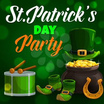 St. Patricks day holiday symbols and lettering. Vector drum and drumsticks, golden lucky horseshoe, leprechauns hat, pot of golden coins. Midget boots or shoes and headgear with plaque on green
