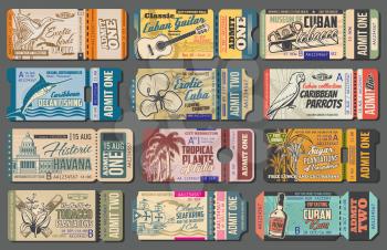 Cuba tours tickets, tourist trips to landmarks and sightseeing attractions. Vector vintage retro tickets to Havana tobacco and sugar cane plantations, sea fishing trips and Cuban adventure journey