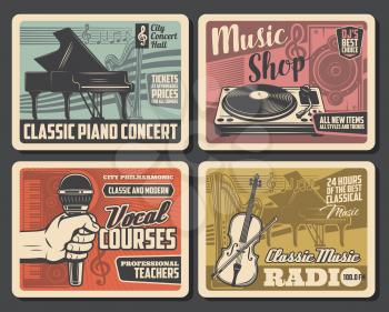 Music instruments retro posters, vocal school courses and classic music radio retro posters. Vector piano concert, music DJ equipment and vinyl records shop, orchestra or jazz band festival