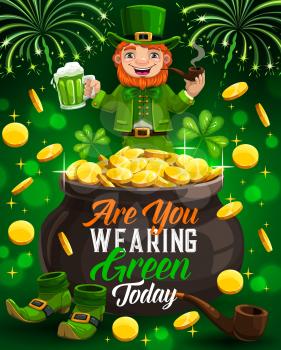 Irish party, leprechaun smoking pipe, Saint Patricks day celebration. Vector pot of gold, fireworks and cartoon character drinking beer, green shoes. Spring holiday symbols, shamrock or clover leaves