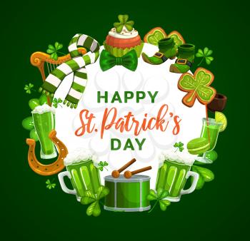 Irish shamrock, St Patricks Day leprechaun shoes and green beer vector design with greeting wishes. Clover leaves, lucky horseshoe and celtic elf smoking pipe, shoes, drum and harp frame