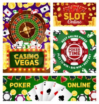 Casino poker gamble game, wheel of fortune roulette and slot machine jackpot big win. Vector online casino jackpot golden coins, lucky seven, playing cards, chips and dice in neon sign
