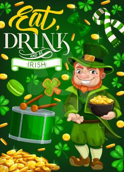 St Patricks Day leprechaun with hat and pot of golden icons, irish holiday vector design. Green clover or shamrock leaves, celtic elf and treasure cauldron with gold, drum, scarf and bow tie