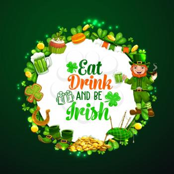 Irish spring holiday on 17 March, round frame of Ireland national green symbols of luck. Vector leprechaun in suit and hat drinking beer and smoking pipe, bagpipes and pipe. Food and drinks, shamrocks