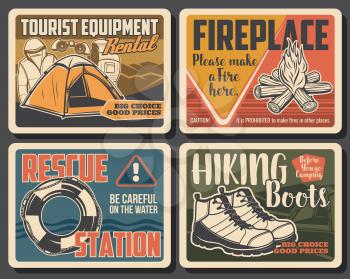 Camping and hiking tourist equipment shop and outdoor sport outfit garments, vintage posters. Vector water rescue station sign, mountain tourism and mountain trekking boots, tent and backpack