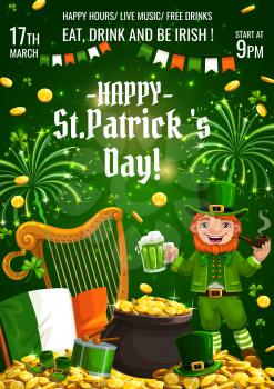 St. Patricks day party invitation on holiday, 17th March. Vector lettering harp and Irish flag, pot of golden coins, horseshoe and fireworks. Leprechaun in green suit smoking pipe, flag of Ireland