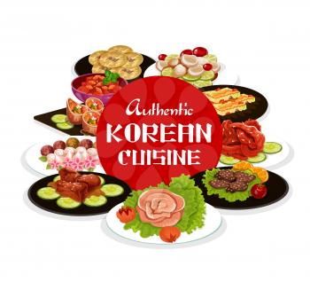 Korean cuisine food, traditional restaurant menu of Korea. Vector kimchi cabbage salad, rice with pork and beef meat, spicy ramen noodles and pastry desserts, samgyetang bowl and Sundae blood sausage