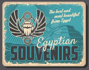 Ancient Egypt, travel souvenirs and historic antiquities shop retro vintage poster. Vector Egypt tourism and culture, pharaoh pyramid in Cairo or Giza dessert and scarab symbol
