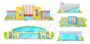 Cinemas and movie theater buildings, modern entertainment and trade mall architecture. Vector isolated 3D cinema hall with movie premiere posters and city infrastructure