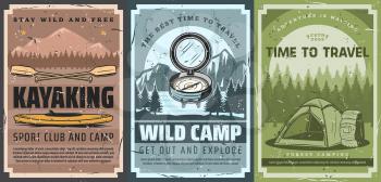 Hiking, forest camping and kayaking outdoor adventure, sport tourism and trekking travel vintage retro posters. Vector mountaineering camper tent, tourist wanderlust compass and backpack,