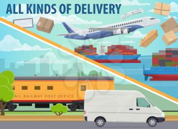 Freight transport and cargo delivery vector design of transportation and shipping service. Truck vehicle, container ship and airplane, train and van with boxes, packages, parcels and letter envelope