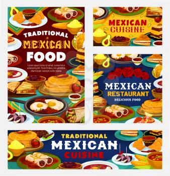 Mexican cuisine traditional food, authentic Mexico restaurant dishes menu. Vector Mexican lunch and dinner meals, nachos and guacamole, tacos, burritos and quesadilla, churros and chili pepper meat