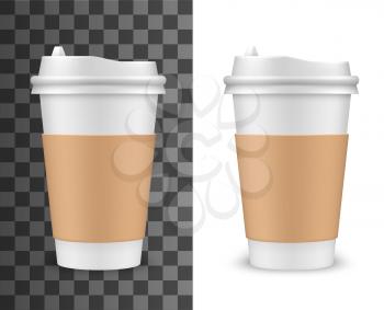 Coffee cup, realistic 3D blank mockup template. Vector isolated tea or coffee cup with safety sip lid and cardboard sleeve holder, cafe hot drinks disposable package, takeaway container
