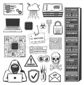 Internet phishing, hacking, computer security fraud and cyber crime symbols. Vector computer hacker, ddos attack and digital malware, account login hack, password and credit card data phishing icons