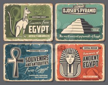 Ancient Egypt symbols, travel tourism, esoteric souvenirs and historic antiquities shop retro vintage posters. Vector Pharaoh pyramid in Cairo or Giza, sacred cat and scarab, mummy and Ankh sign