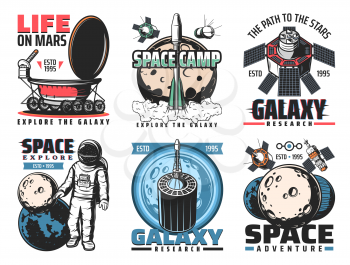 Space vector icons with rockets, astronaut and galaxy planets of astronomy design. Universe exploration spaceship, satellites and shuttle, Earth, Moon and Mars, rover robot, space station and stars