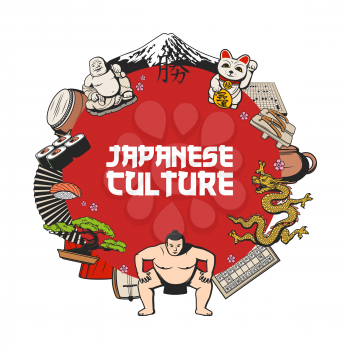Japanese culture traditions vector icon of Japan travel design. Sushi food, Fuji mountain, fan and bonsai, dragon, tea set, maneki neko and geta shoes, sumo wrestler, taiko and shamisen, go and shogi
