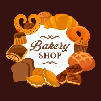 Bakery shop bread, pastry cakes, baked buns and patisserie desserts. Vector premium quality bakery sweet croissants and wheat bagel with rye loaf, cream pies, biscuit sand cupcakes