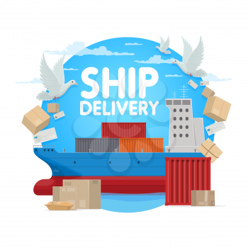 Mail delivery, post office shipping logistics and maritime ship transport service. Vector parcel boxes freight, newspapers, journals, magazines courier mail delivery and envelopes with postage stamp