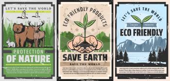 Save Earth and Protect Planet vintage posters, ecology and environment conservation project. Vector nature protection and eco friendly products, alternative energy and power generation