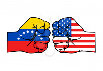 USA and Venezuela countries conflict vector design of fists with flags of United States of America and Bolivarian Republic of Venezuela. Political and financial crisis, USA vs Venezuela themes