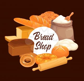 Bakery shop bread, wheat white toasts and rye black loaf, bagels and buns. Bakery shop products, flatbread with sesame, cereal pie, dough and flour bag with scoop and rolling pin
