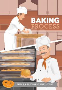 Baker and bakery kitchen, bread and desserts baking process. Vector baker man in chef hat kneading dough with flour at table and bake buns, croissants and wheat or rye bagels in oven