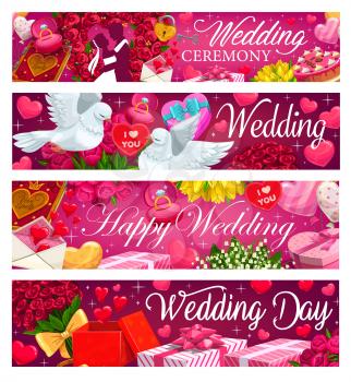 Wedding invitation, bride and groom kiss, diamond rings, heart balloons and flowers bouquets, vector banners. Marriage ceremony party gifts, kissing doves and wedding cakes with floral hearts