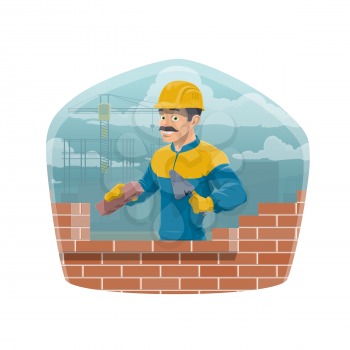 Builder and brickwork, architecture and house construction worker profession. Vector professional engineer or house constructor man in safety helmet with laying bricks in wall