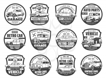 Retro vehicles service, mechanic maintenance and tuning garage station icons. Vector vintage rarity and classic cars club badges, restoration, tuning and spare parts replacement garage station