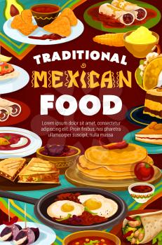 Mexican cuisine restaurant menu, Latin America traditional authentic dishes. Vector Mexican scrabbled egg with spicy beans, cinnamon cookies and capirotada pudding, tacos and burrito, nachos and salsa