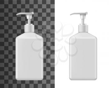 Liquid soap bottle vector mockups of 3d blank cosmetic containers. Beauty, body care and bath product packages, white plastic bottles with pump dispenser realistic design for shower gel or shampoo