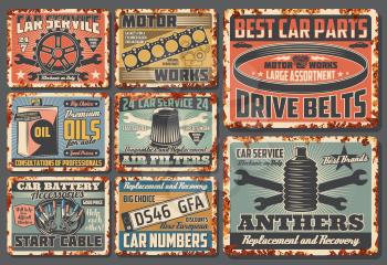 Car service and auto mechanic center rusty plates, retro posters. Vector automotive spare parts shop and garage station, car number plates, engine drive belts, gaskets and wheel anthers