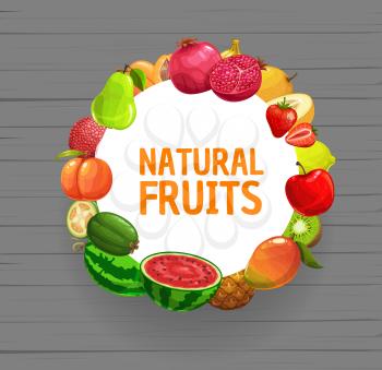 Fruits vector frame of farm and garden berries. Apple, strawberry and mango, pineapple, lemon and peach, watermelon, apricot and pear, feijoa, pomegranate, lychee and kiwi on wooden background
