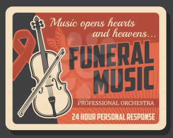 Funeral service company vintage poster, farewell ceremony music orchestra. Vector professional burial organization and memorial requiem mass music, funeral RIP ribbon and dove bird