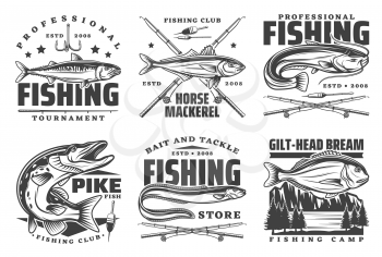 Fishing icons and fisherman club signs, sport tournament and fish catch lures, baits and tackles shop icons. Vector river sheatfish, pike and gilt-head bream, sea mackerel and eel fish