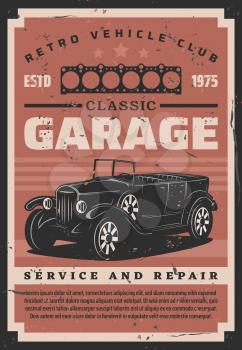 Retro vehicles and classic cars garage, rare vintage automobiles service center. Vector oldtimer automobiles club, repair and restoration, mechanic maintenance and engine spare parts