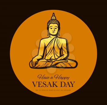 Vesak Day vector design of Buddhism religion Buddha holiday. Golden statue of meditating Buddha, Thai buddhist sacred sculpture greeting card of birth, enlightenment and death of Asian religion god