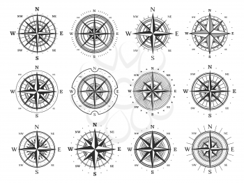 Nautical compass wind rose vector icons. Isolated vintage symbols of marine maps and antique cartography, navigation compass rose or windrose with cardinal directions of North, East, South and West