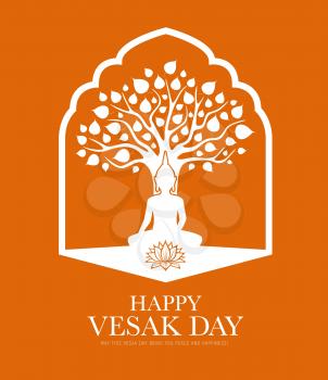 Vesak day traditional Buddhism religion holiday, Buddha in lotus at tree, vector. Vesak day or Buddha day silhouette, Buddhism and Hinduism religious celebration