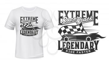 Car races, rally track, vector t-shirt print on mockup template. Sport car racing club and extreme speed drag races track, start and finish flag sign for t shirt print