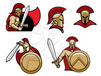 Spartan warrior in helmet with shield and sword, vector heraldic icons. Greek Spartan or Roman Gladiator warrior knight in red cape and golden helmet