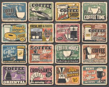 Coffee cups and espresso machine grunge posters of cafe vector design. Hot drink and beverage mugs with cappuccino, latte and mocha, coffee bean grinder, pot and paper cup, croissant, sugar and milk