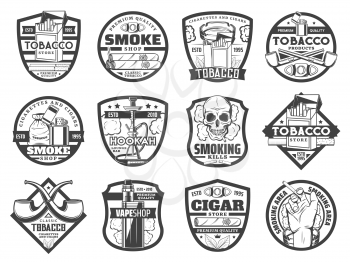 Tobacco smoking vector icons with cigarettes, cigars and smoke pipes, hookah and vape. Cigarette boxes, skull smoker and ashtray, matches, lighter and cigar cutter monochrome badges