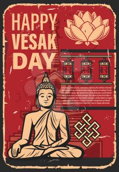 Vesak Day holiday of Buddhism religion. Vector Buddha statue, lotus flower, buddhist monk prayer wheels, temple or shrine stupa and endless knot. Buddha Purnima, Jayanti or birthday celebration