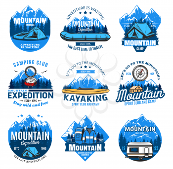 Sport tourism and outdoor travel, mountain camping and hiking club vector icons. Mountain expedition, river rafting and kayaking club signs, camp tourism equipment compass, RV car and backpack
