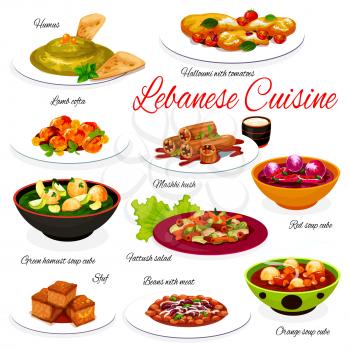 Lebanese cuisine vegetable and meat food dishes. Vector Arabic hummus, lamb meatball kofta, fattoush salad and lentil soups with veggies, bean beef stew, grilled cheese, stuffed zucchini and cake